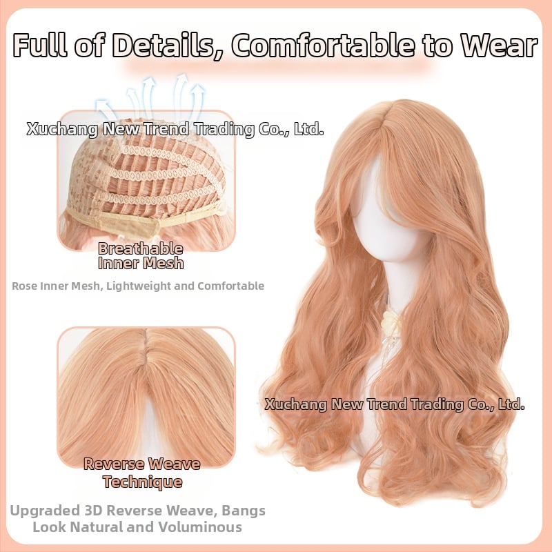 Perucă lungă buclată pentru femei, Breton central, Stil coreean, Valuri mari, Material: fibre rezistente la temperaturi înalte, Model 110