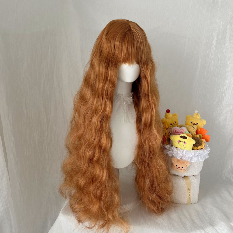 Păpușă perucă pentru femei cu breton și păr lung buclat, fibre mate rezistente la temperatură, construcție mecanică, stil natural
