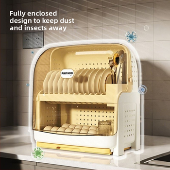 Raft pentru farfurii din plastic, cu două niveluri și capac, rezistent la praf și cu drenaj, în stil modern minimalist