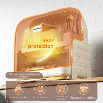 Raft pentru farfurii din plastic, cu două niveluri și capac, rezistent la praf și cu drenaj, în stil modern minimalist