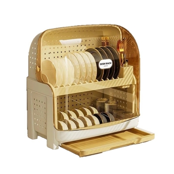 Raft pentru farfurii din plastic, cu două niveluri și capac, rezistent la praf și cu drenaj, în stil modern minimalist