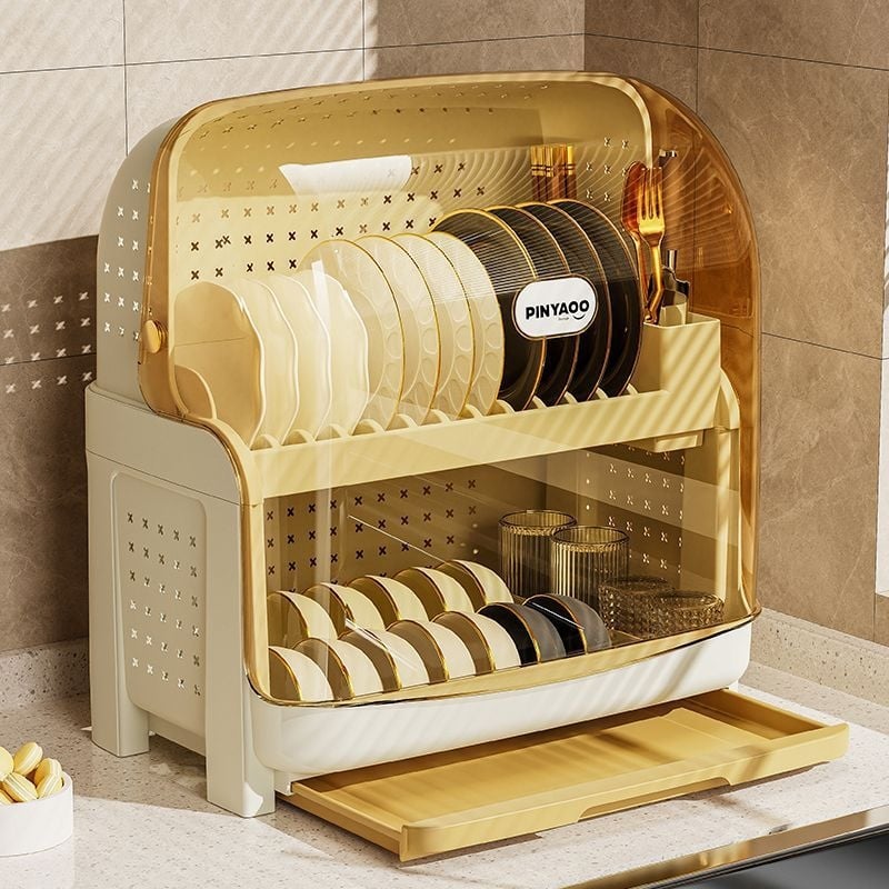 Raft pentru farfurii din plastic, cu două niveluri și capac, rezistent la praf și cu drenaj, în stil modern minimalist