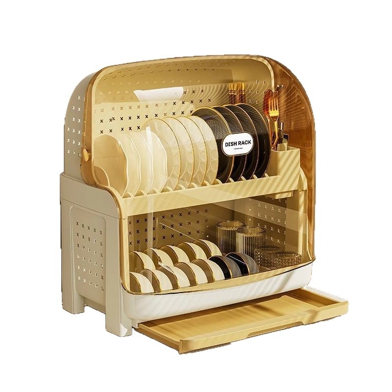 Raft pentru farfurii din plastic, cu două niveluri și capac, rezistent la praf și cu drenaj, în stil modern minimalist