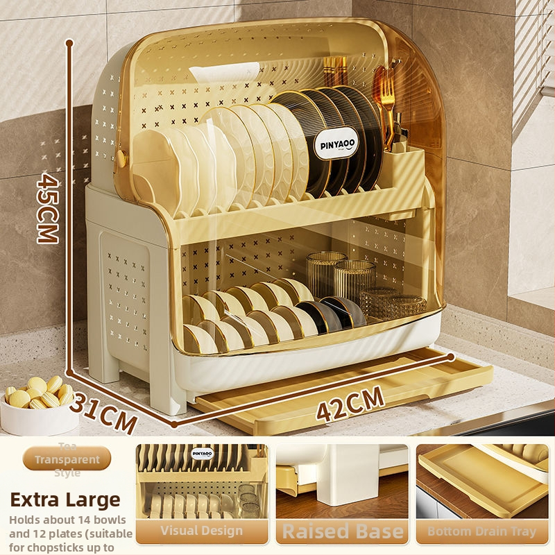 Raft pentru farfurii din plastic, cu două niveluri și capac, rezistent la praf și cu drenaj, în stil modern minimalist