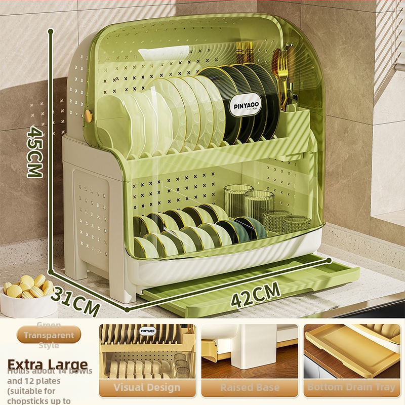 Raft pentru farfurii din plastic, cu două niveluri și capac, rezistent la praf și cu drenaj, în stil modern minimalist