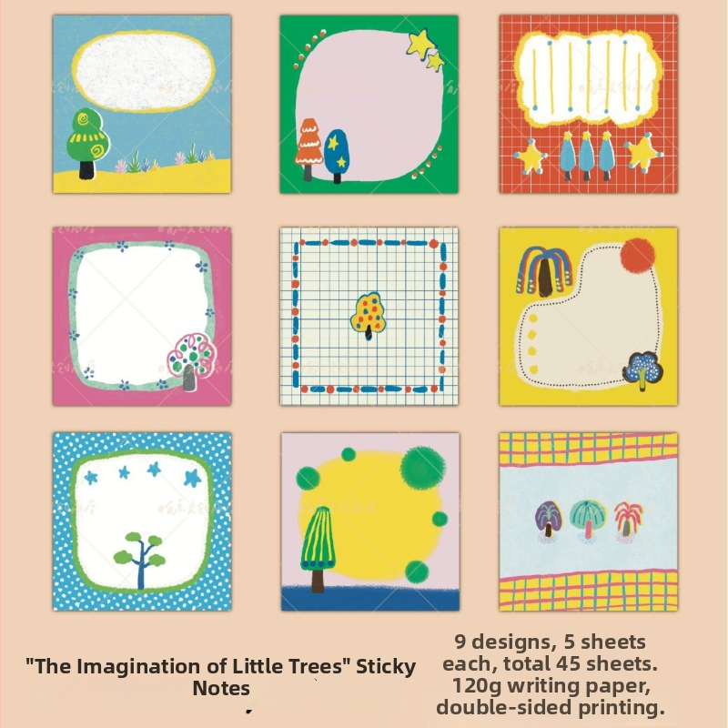 Note lipicioase desenate în stil cartoon, cu forme neregulate și personaje mici care țin obiecte, în formă de copac și pătrate pentru jurnal