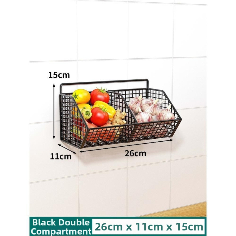 Raft de bucătărie montat pe perete pentru ceapă, ghimbir și usturoi — oțel carbon, fără găuri, multifuncțional, suport de perete cu coș de scurgere, stil Nordic