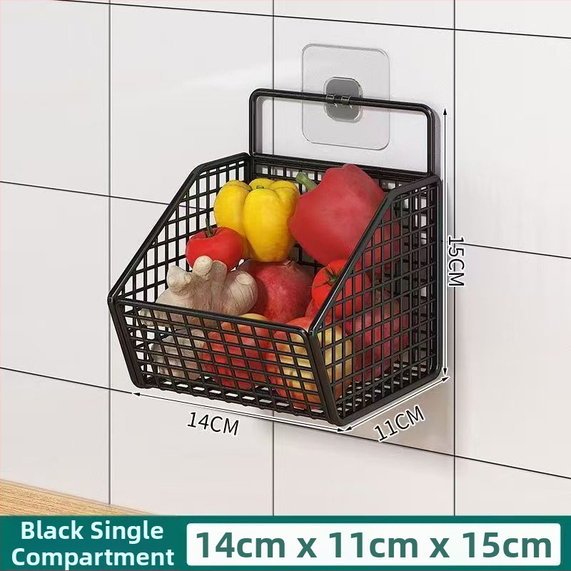 Raft de bucătărie montat pe perete pentru ceapă, ghimbir și usturoi — oțel carbon, fără găuri, multifuncțional, suport de perete cu coș de scurgere, stil Nordic