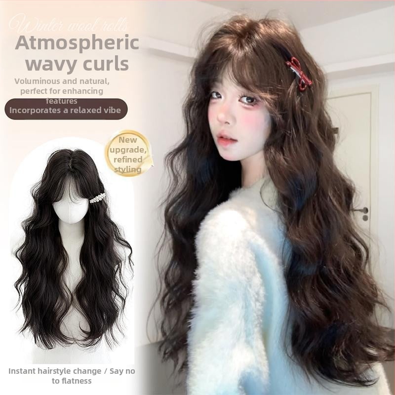 Perucă pentru femei, acoperire completă a capului, păr lung și buclat, fibre rezistente la temperatură, breton cu partajare în centrul, aspect natural, construcție cu mecanism