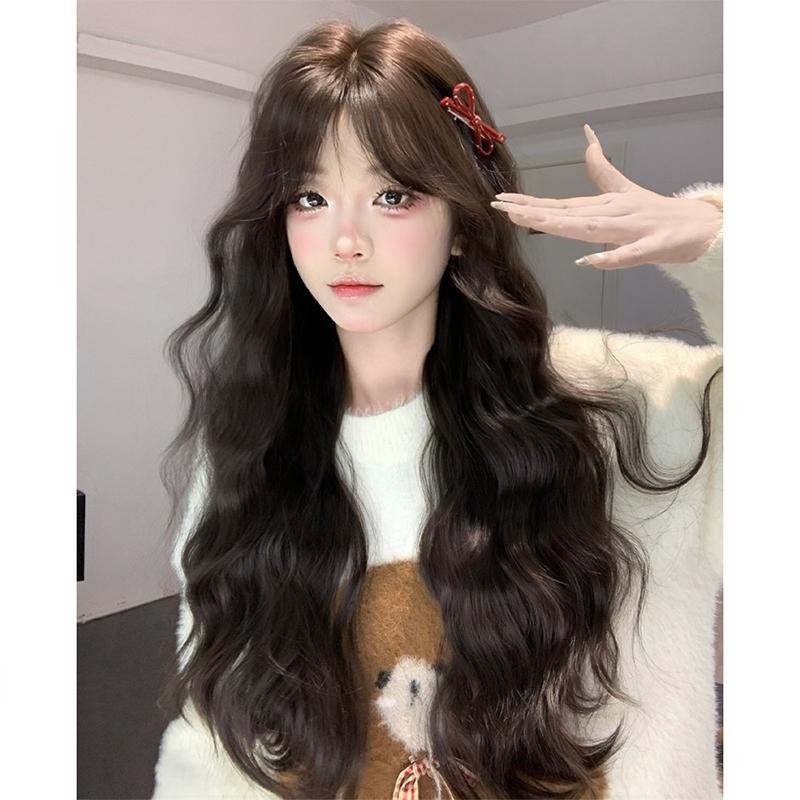 Perucă pentru femei, acoperire completă a capului, păr lung și buclat, fibre rezistente la temperatură, breton cu partajare în centrul, aspect natural, construcție cu mecanism