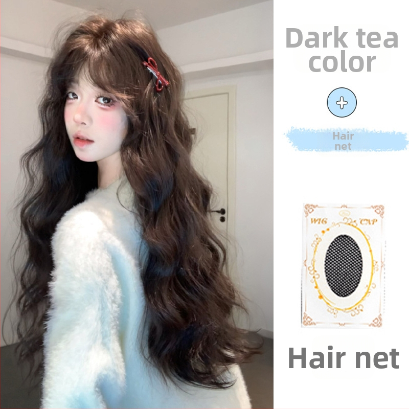 Perucă pentru femei, acoperire completă a capului, păr lung și buclat, fibre rezistente la temperatură, breton cu partajare în centrul, aspect natural, construcție cu mecanism