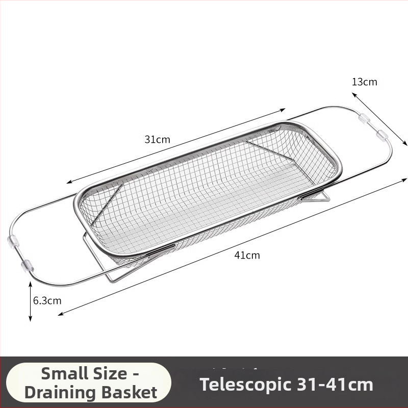 Coș de drenaj pentru chiuvetă din oțel inoxidabil, suport telescopic pentru drenaj și depozitare vase și tacâmuri, personalizabil, parte din seria coșurilor de drenaj