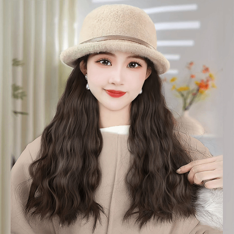 Perucă cu pălărie bucket, păr lung buclat, sârmă rezistentă la temperaturi înalte, aspect natural, fabricat în Zhejiang