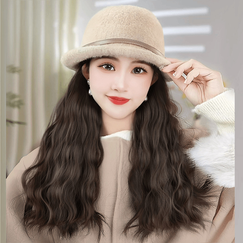 Perucă cu pălărie bucket, păr lung buclat, sârmă rezistentă la temperaturi înalte, aspect natural, fabricat în Zhejiang