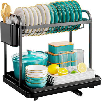 Raft dublu etajat pentru uscarea vaselor pe blat, cu tavă de drenaj și suport pentru tacâmuri — mobil, multifuncțional, din oțel carbon