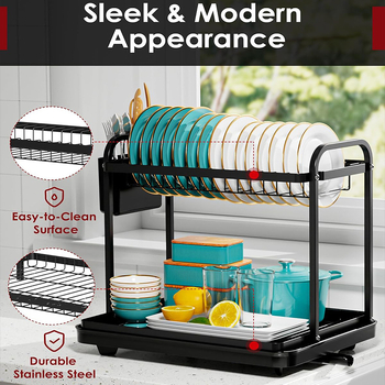 Raft dublu etajat pentru uscarea vaselor pe blat, cu tavă de drenaj și suport pentru tacâmuri — mobil, multifuncțional, din oțel carbon