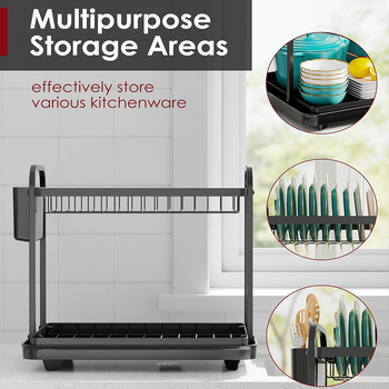 Raft dublu etajat pentru uscarea vaselor pe blat, cu tavă de drenaj și suport pentru tacâmuri — mobil, multifuncțional, din oțel carbon