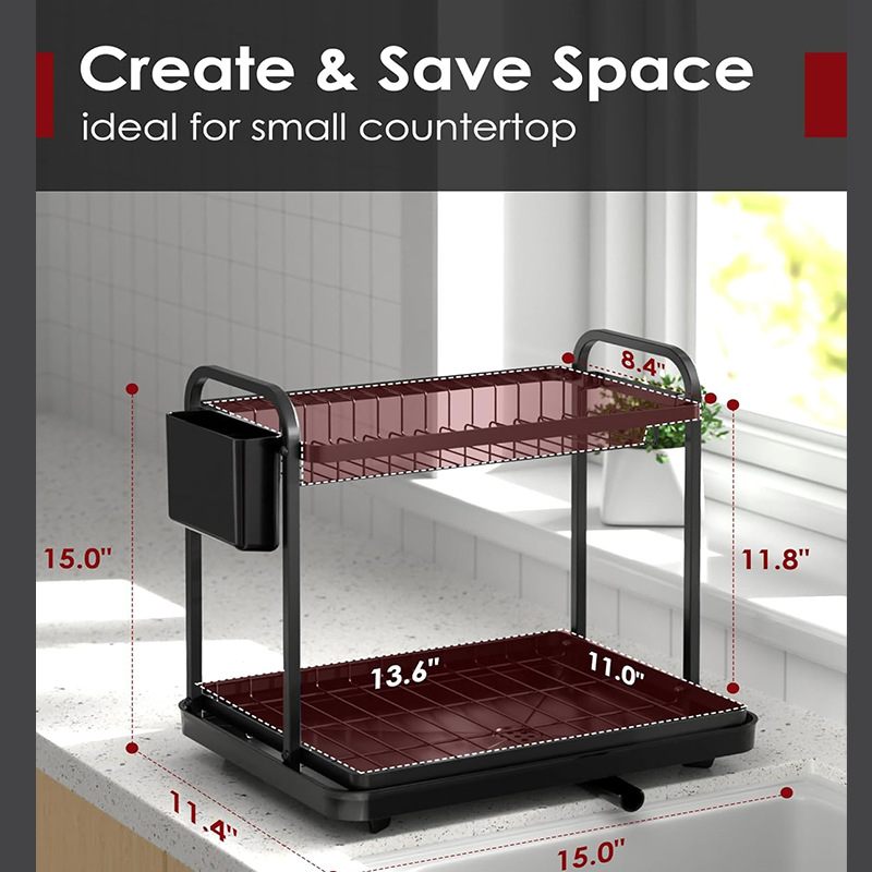 Raft dublu etajat pentru uscarea vaselor pe blat, cu tavă de drenaj și suport pentru tacâmuri — mobil, multifuncțional, din oțel carbon