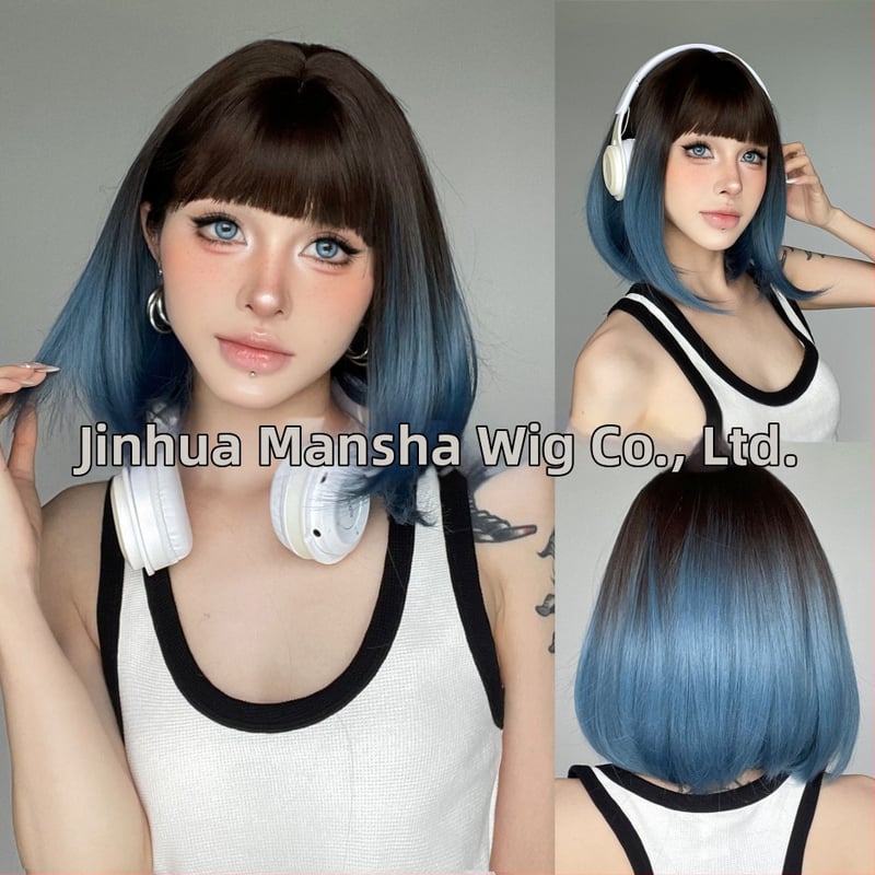 Perucă scurtă dreaptă, fibre rezistente la căldură, capac mecanic, breton, vopsibilă și permabilă