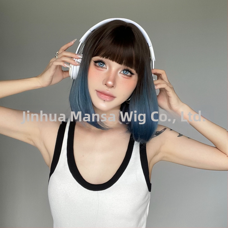 Perucă scurtă dreaptă, fibre rezistente la căldură, capac mecanic, breton, vopsibilă și permabilă