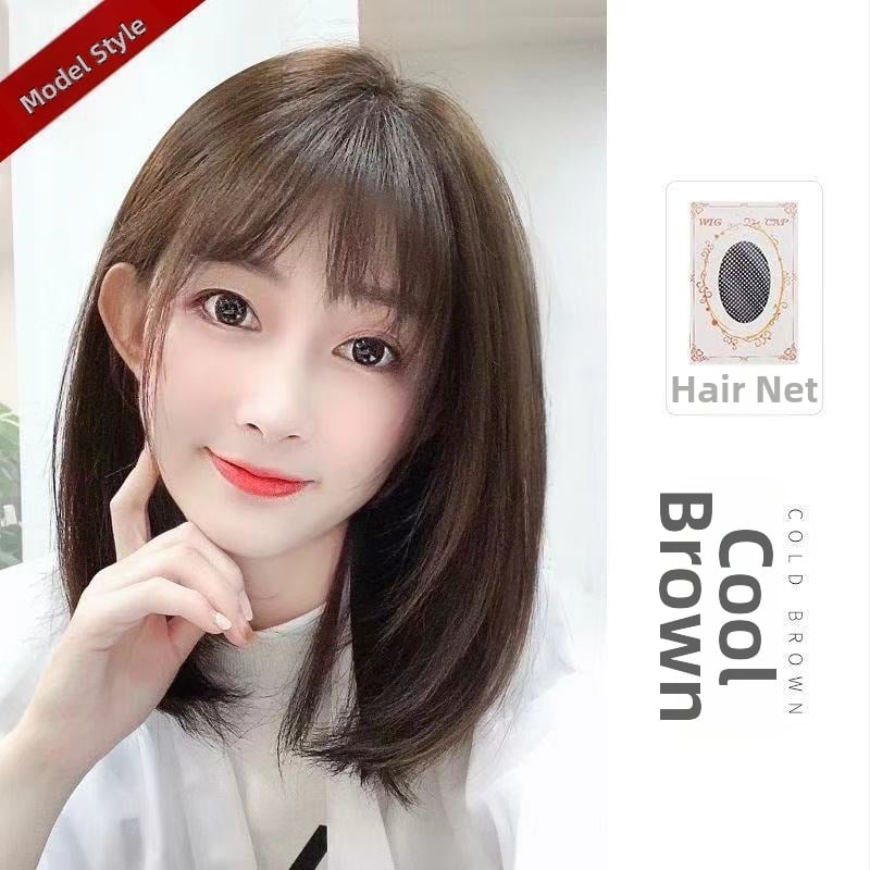 Perucă pentru femei – stil modern cu efect tineresc pentru față rotundă, până la umeri, păr drept scurt, breton aerian, textură în straturi, din fibră mată