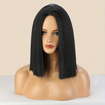 Perucă pentru femei, păr scurt drept, parte mediană, păr sintetic rezistent la temperaturi înalte, prelucrare mecanizată, model 92519