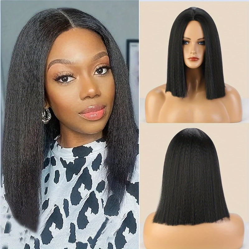 Perucă pentru femei, păr scurt drept, parte mediană, păr sintetic rezistent la temperaturi înalte, prelucrare mecanizată, model 92519