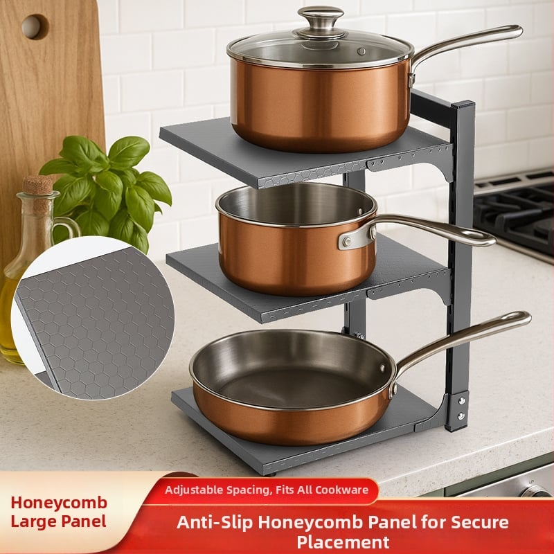 Raft de depozitare pliabil pentru blat de bucătărie cu spații pentru capace și boluri – multipurpose, portabil, fără montaj, oțel carbon