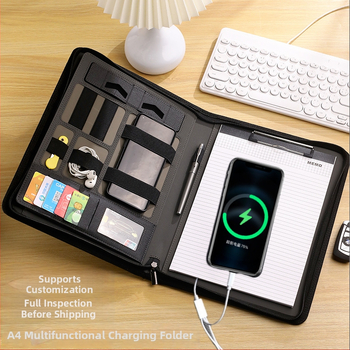 Folder de încărcare din piele cu clips pentru Power Bank – format A4, grosime placă 0,5 cm, dimensiune clip reglabilă