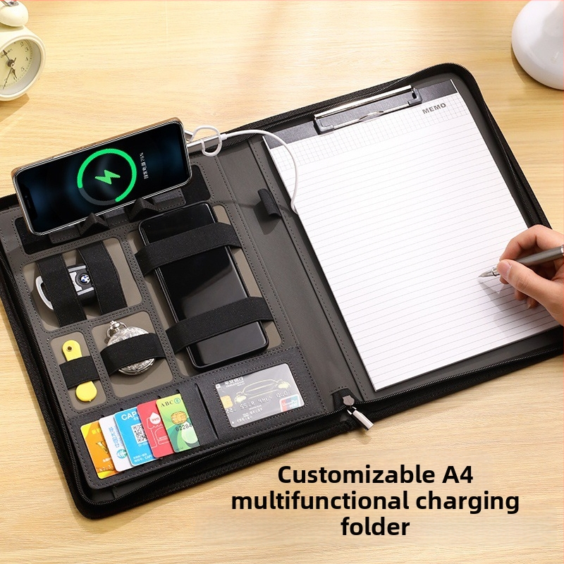 Folder de încărcare din piele cu clips pentru Power Bank – format A4, grosime placă 0,5 cm, dimensiune clip reglabilă