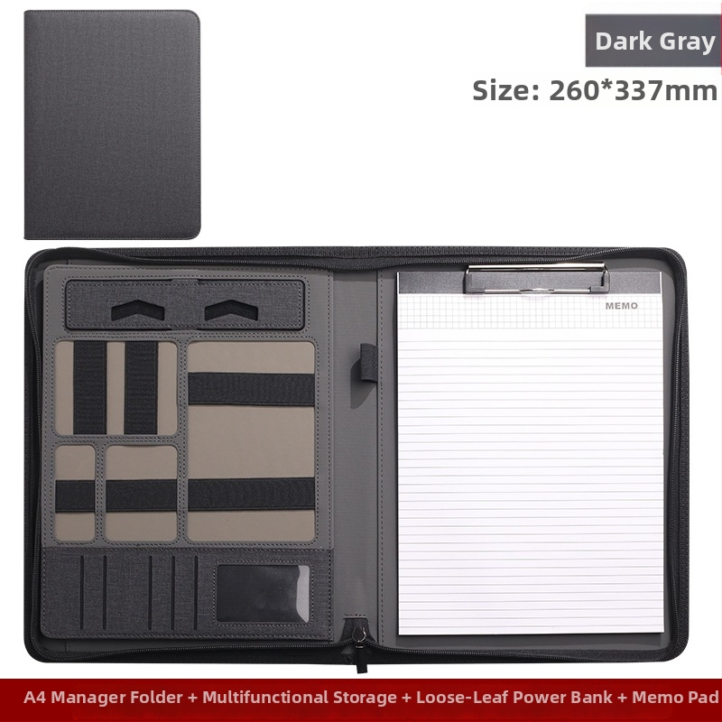 Folder de încărcare din piele cu clips pentru Power Bank – format A4, grosime placă 0,5 cm, dimensiune clip reglabilă