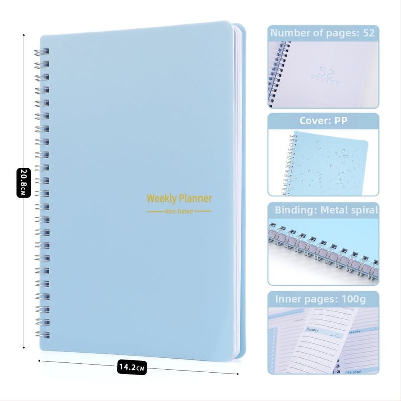 Bloc de notițe cu legare prin spirală și copertă PP, hârtie din pulpă de lemn, 50–100 pagini, stil office, brand Junnuohao