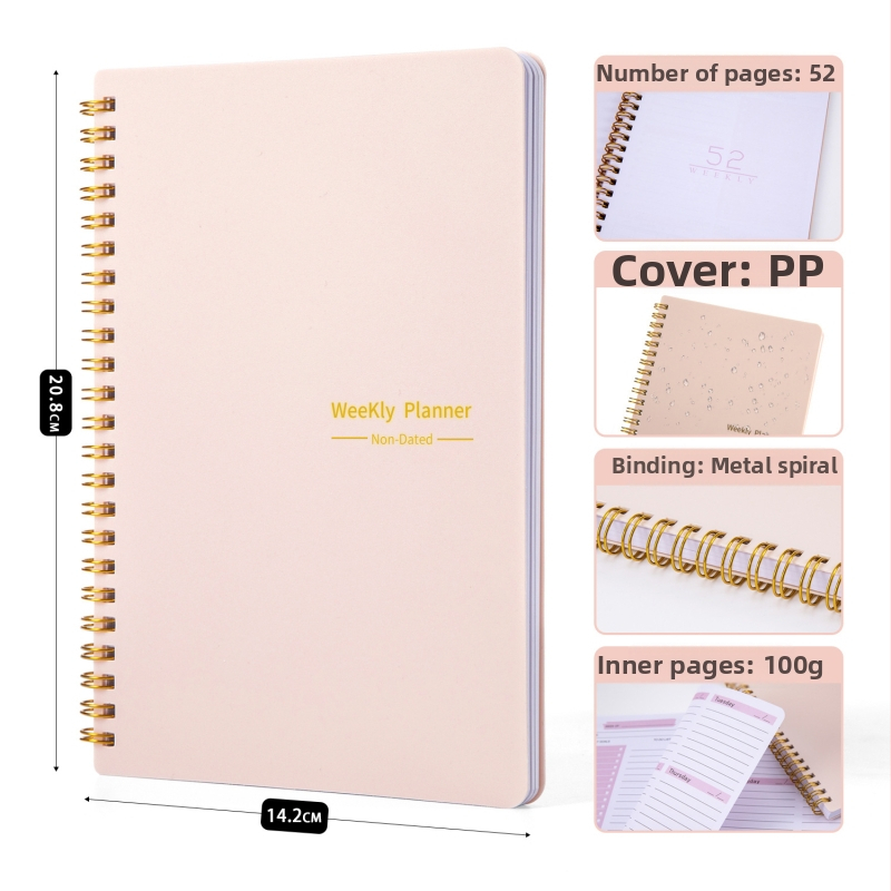 Bloc de notițe cu legare prin spirală și copertă PP, hârtie din pulpă de lemn, 50–100 pagini, stil office, brand Junnuohao