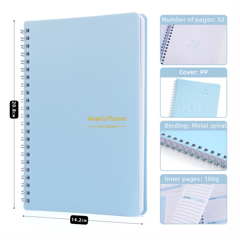 Bloc de notițe cu legare prin spirală și copertă PP, hârtie din pulpă de lemn, 50–100 pagini, stil office, brand Junnuohao