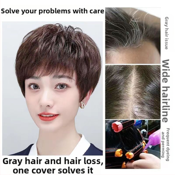 Piesă de păr pentru vârful capului, aspect natural, păr real uman, perucă scurtă buclată, acoperă părul gri