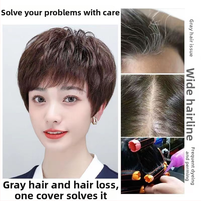 Piesă de păr pentru vârful capului, aspect natural, păr real uman, perucă scurtă buclată, acoperă părul gri