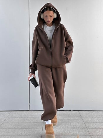 Costum casual de femei cu pantaloni – model monocrom, mâneci lungi, țesătură din amestec de bumbac, vara 2024