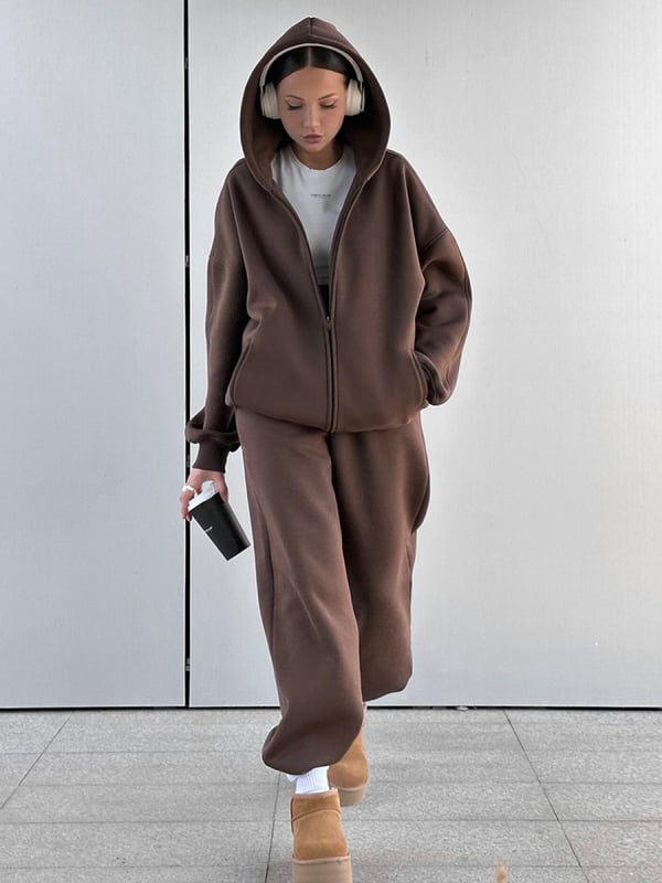 Costum casual de femei cu pantaloni – model monocrom, mâneci lungi, țesătură din amestec de bumbac, vara 2024