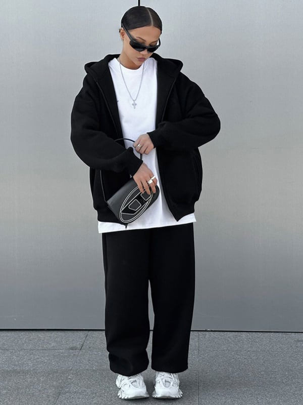 Costum casual de femei cu pantaloni – model monocrom, mâneci lungi, țesătură din amestec de bumbac, vara 2024