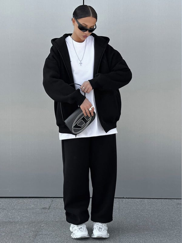 Costum casual de femei cu pantaloni – model monocrom, mâneci lungi, țesătură din amestec de bumbac, vara 2024