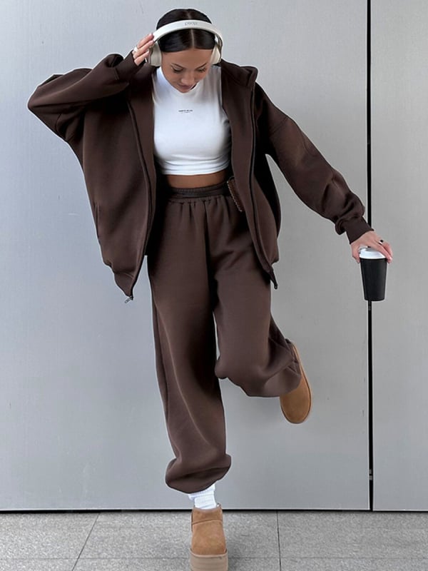 Costum casual de femei cu pantaloni – model monocrom, mâneci lungi, țesătură din amestec de bumbac, vara 2024