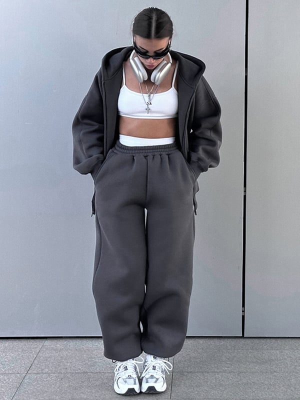 Costum casual de femei cu pantaloni – model monocrom, mâneci lungi, țesătură din amestec de bumbac, vara 2024