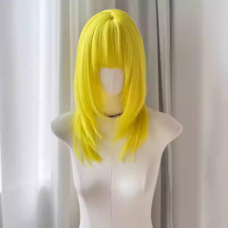 Perucă cosplay cu păr lung drept, fibre de mătase rezistente la temperatură, breton drept, poate fi vopsită sau periată, procesare mecanizată