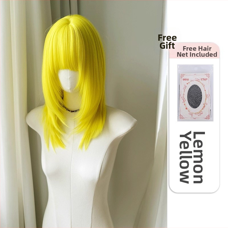 Perucă cosplay cu păr lung drept, fibre de mătase rezistente la temperatură, breton drept, poate fi vopsită sau periată, procesare mecanizată