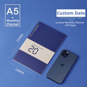 Caiet: calendar ce se completează singur, planificator și plan lunar; cusătură cu ață; hârtie din pulpă de lemn 75 g; 1–50 de pagini; stil simplu