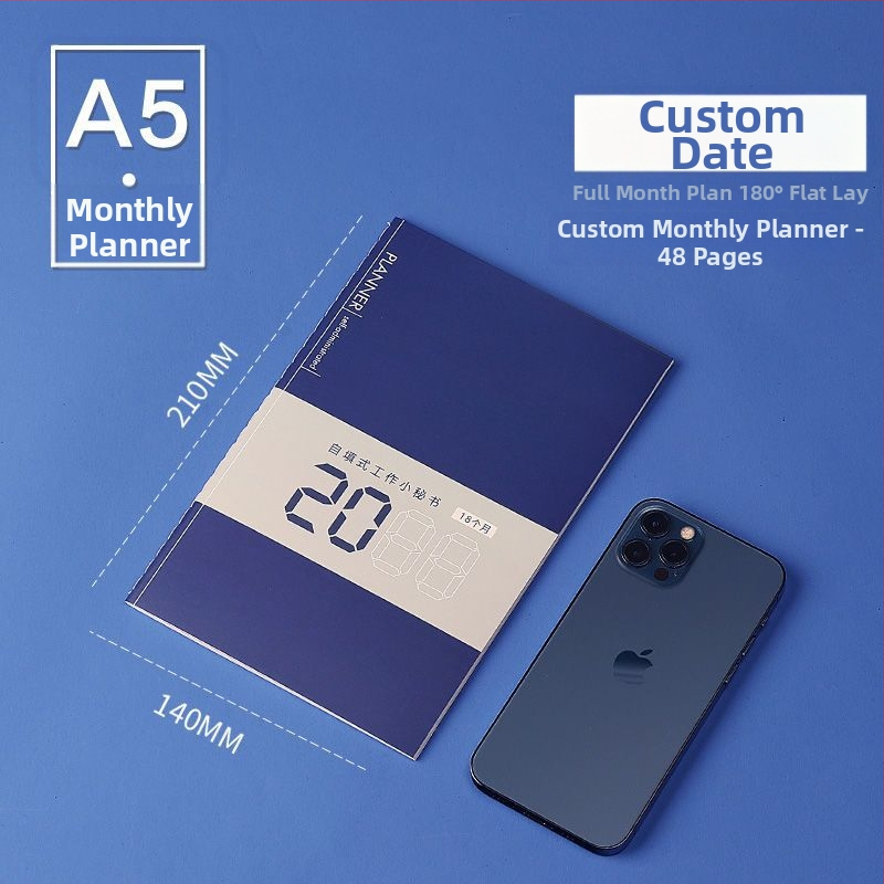 Caiet: calendar ce se completează singur, planificator și plan lunar; cusătură cu ață; hârtie din pulpă de lemn 75 g; 1–50 de pagini; stil simplu