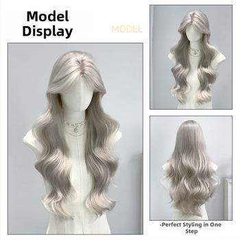 Perucă lungă cu bucle pentru femei, breton central, model XGS-25, semi-manual croită, fibre rezistente la temperatură