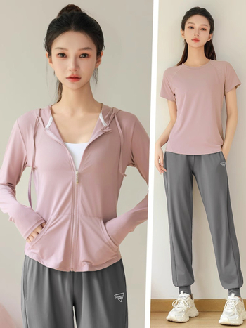 Set sport exterior pentru femei – fără mâneci, cu glugă, guler rotund, poliester 90–95%