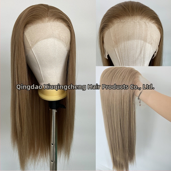 Perucă cu dantelă frontală 13x4, păr lung drept, fibre rezistente la temperatură, model Xqc-613