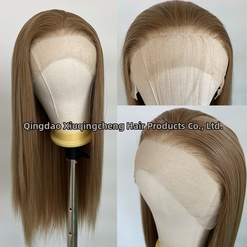 Perucă cu dantelă frontală 13x4, păr lung drept, fibre rezistente la temperatură, model Xqc-613